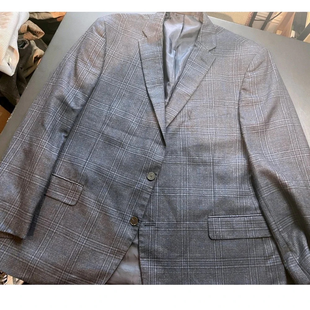 Sonneti Uomo Blazer Mens 48R Blue Gray Plaid Pockets sown